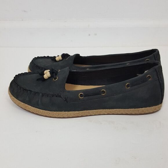 Ugg Logo Black Leather Casual Espadrille Deck Boat - Picture 3 of 7